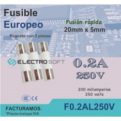 3pz Fusible cerámico tipo europeo 0.2A 250V - 200mA fusión rápida | F0.2AL250V