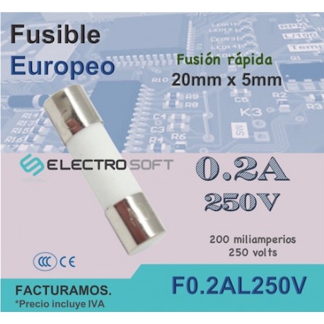 Fusible cerámico tipo europeo 0.2A 250V - 200mA fusión rápida | F0.2AL250V