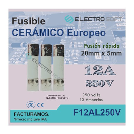 3pz Fusible cerámico tipo europeo 12A 250V - fusión rápida | F12AL250V