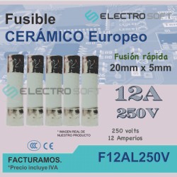 5pz Fusible cerámico tipo europeo 12A 250V - fusión rápida | F12AL250V