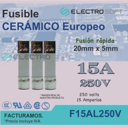 3pz Fusible cerámico tipo europeo 15A 250V - fusión rápida | F15AL250V
