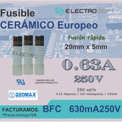 3pz Fusible cerámico tipo europeo 0.63A 250V - 630mA fusión rápida | 630mA250V