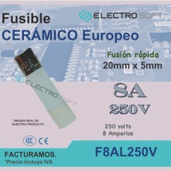 Fusible cerámico tipo europeo 8A 250V - fusión rápida | F8AL250V