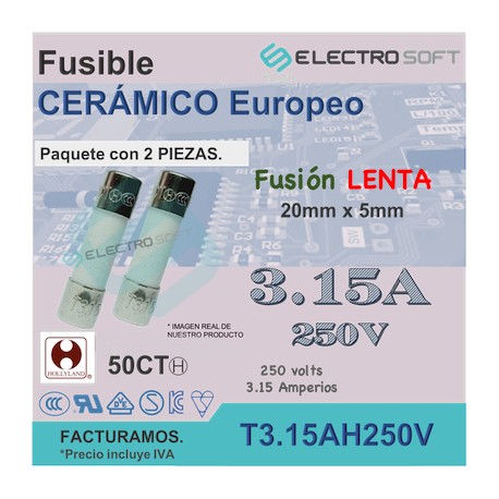 Fusible cerámico tipo europeo 3.15A 250V - fusión LENTA | T3.15AH250V